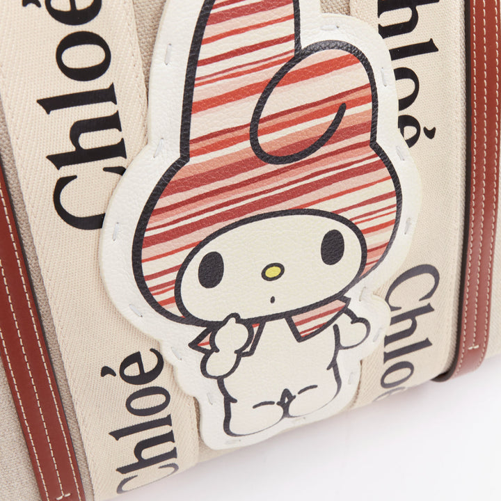 rare CHLOE My Melody Sanrio Woody beige canvas cream red leather patch tote bag