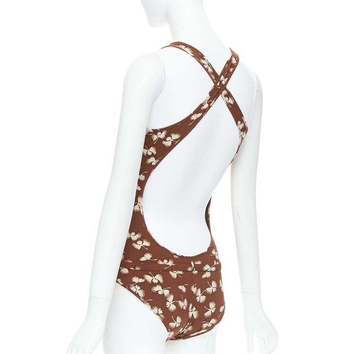 GUCCI Vintage brown cream floral print belted one piece swimsuit