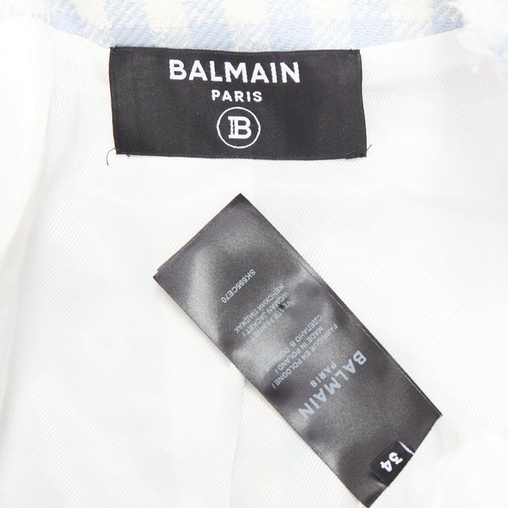BALMAIN light blue white plaid tweed trim 4 pocket cropped jacket FR34 XS