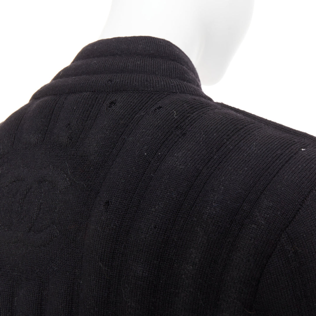 CHANEL 100% wool black metallic coated CC logo tubular pad biker jacket FR34 XS