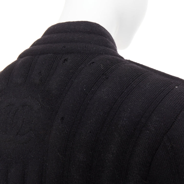 CHANEL 100% wool black metallic coated CC logo tubular pad biker jacket FR34 XS