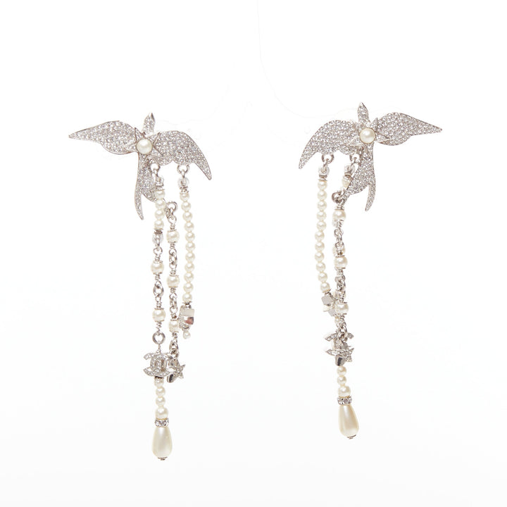 CHANEL C25S Swallow silver tone glass pearls rhinestones drop earrings Pair