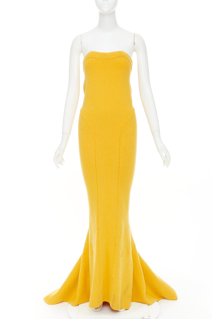 RICK OWENS 2022 Strobe mustard yellow cashmere blend panelled knit maxi skirt S