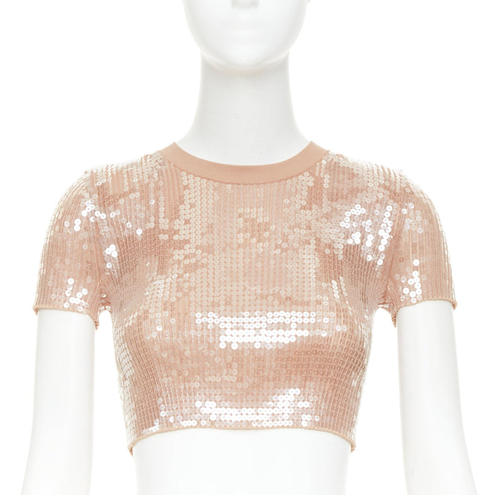 ALEXANDER WANG 2023 Sequin Ribbed nude beige clear sequins cropped sweater XS