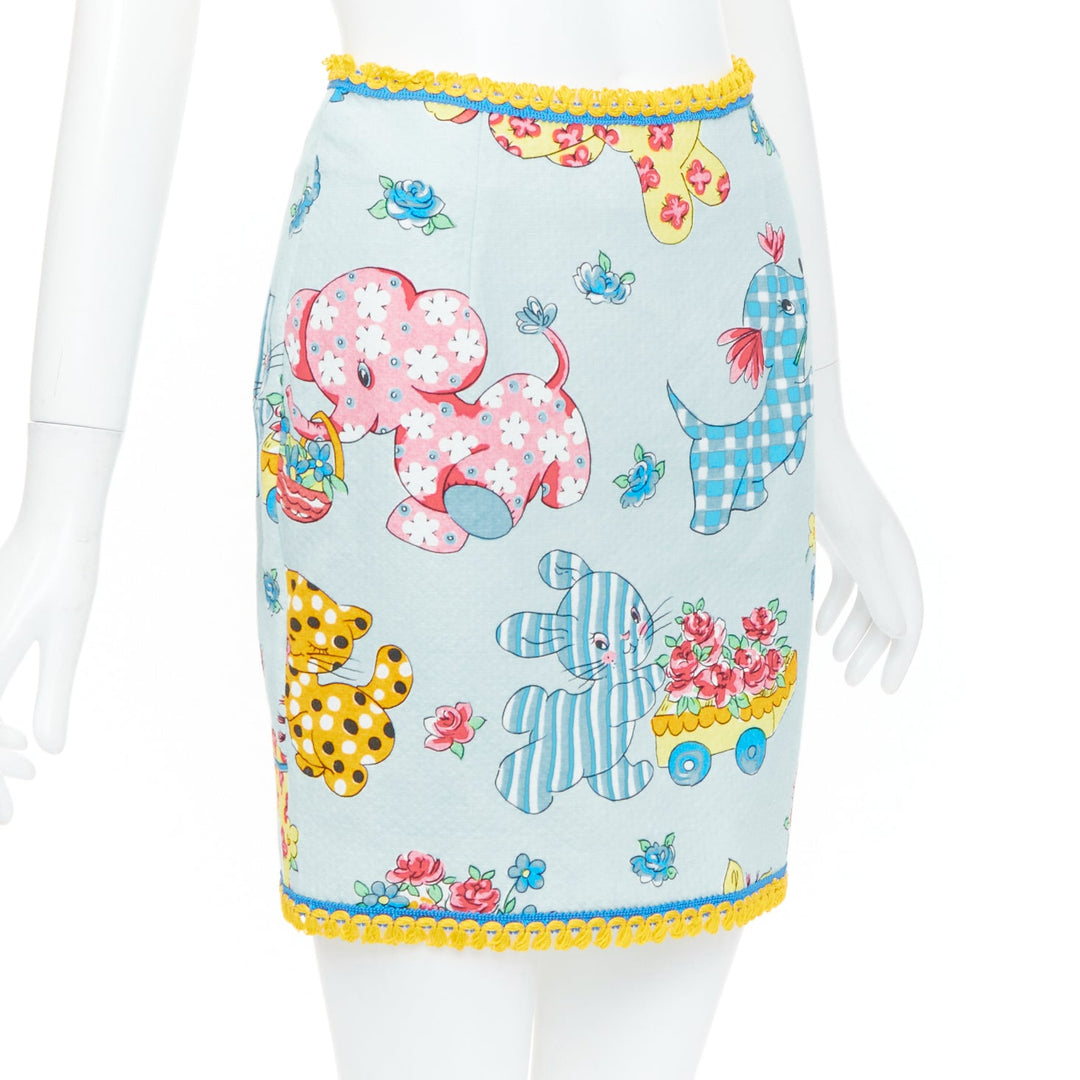 MOSCHINO 2022 Runway Calico Animals Piquet Nursery blue mini skirt IT38 XS