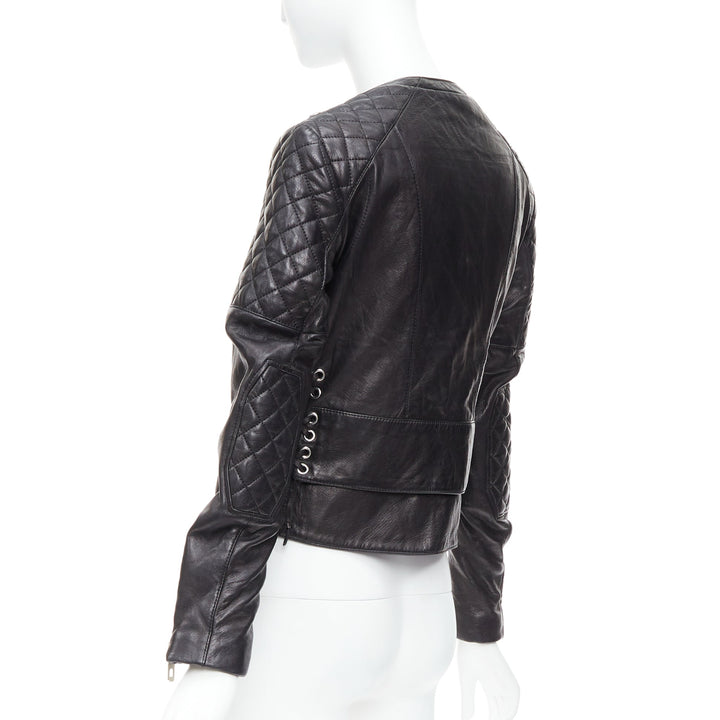 BALENCIAGA 2011 black leather quilted silver zip crop moto biker FR38 M