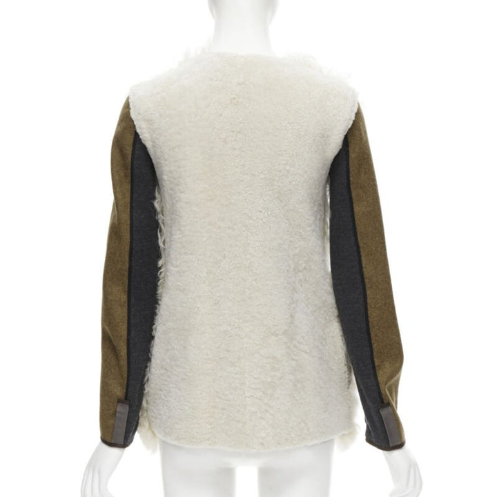 MARNI 2011 cream lamb shearling fur brown wool sleeves winter coat IT38 XS