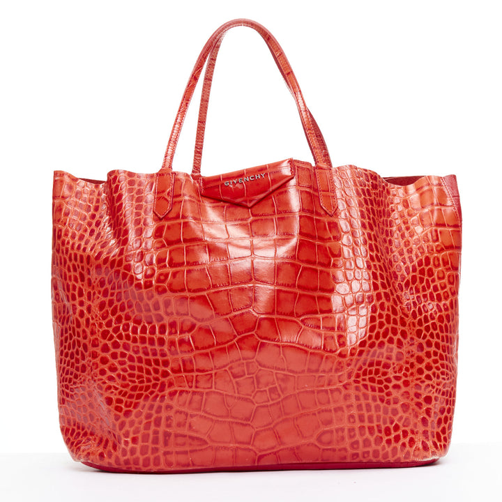 GIVENCHY Antigona red stamped scaled leather silver logo tote bag