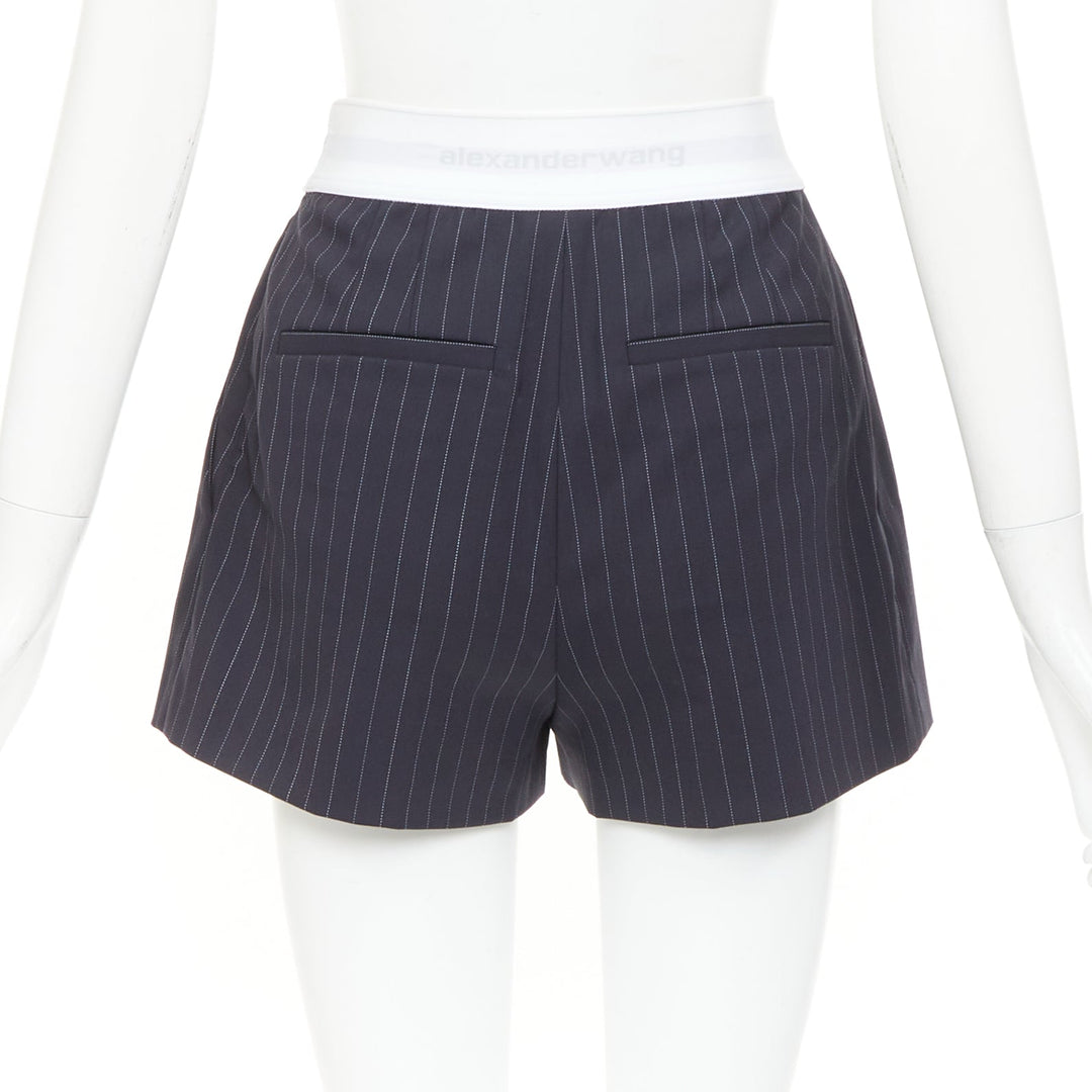ALEXANDER WANG navy pinstripe white grey logo waistband shorts US0 XS