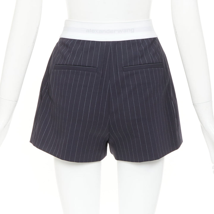 ALEXANDER WANG navy pinstripe white grey logo waistband shorts US0 XS