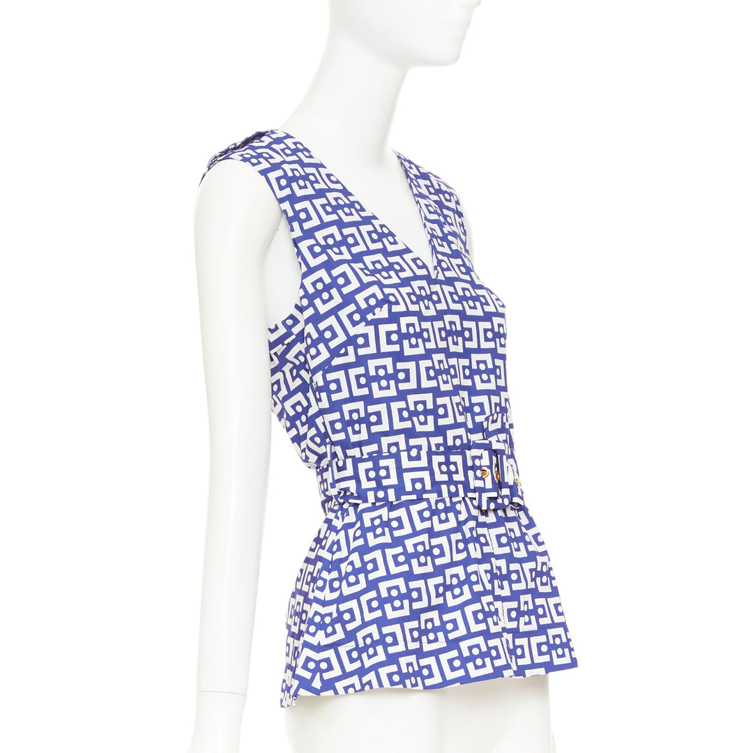 MARNI 2013 blue white cotton geometric print belted peplum V-neck top IT40 S