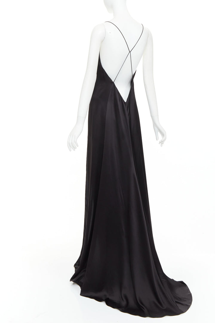 SAINT LAURENT 2022 black 100% silk plunge V neck open back high slit gown FR38 M