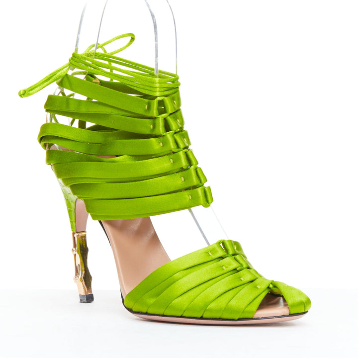 GUCCI Tom Ford 2004 Runway green satin corset gold bamboo sandal EU36C