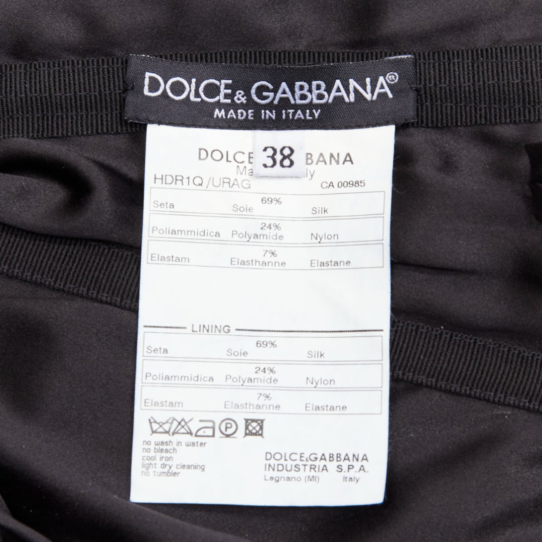 DOLCE GABBANA black silk blend bow lace ruched corseted bodycon dress IT38 XS