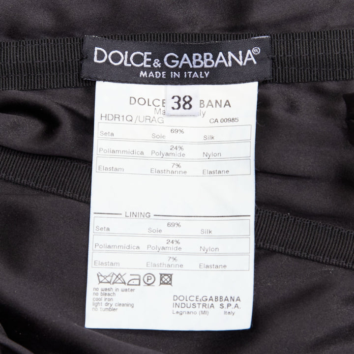DOLCE GABBANA black silk blend bow lace ruched corseted bodycon dress IT38 XS