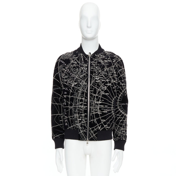 BALMAIN Broderie black map crystal bead embroidery velvet bomber jacket FR48