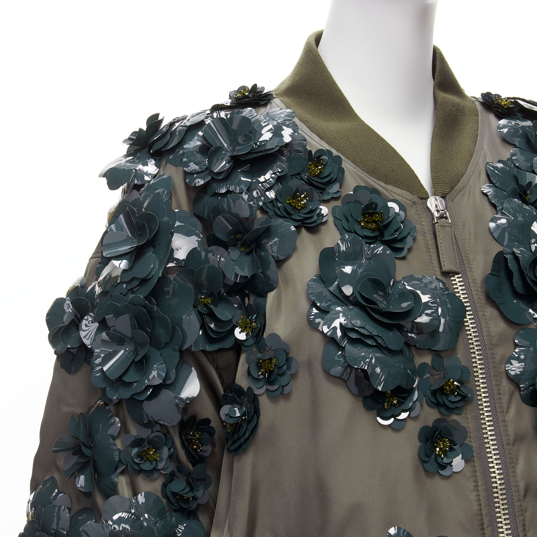 PRADA 2022 Runway Re-nylon green flower applique oversized bomber jacket XS