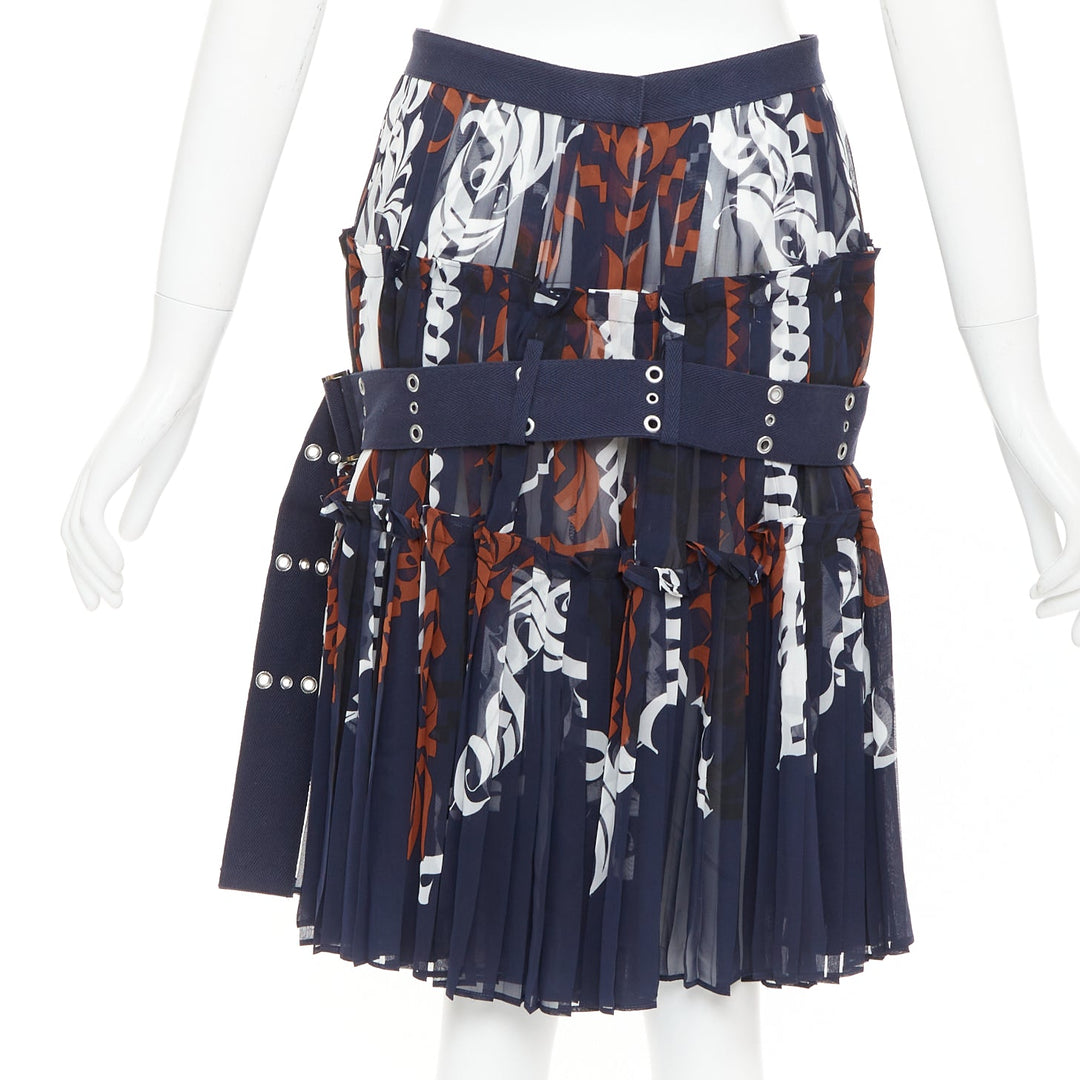 SACAI 2016 navy orange white printed pleated cotton eyelet belt skirt JP1 S