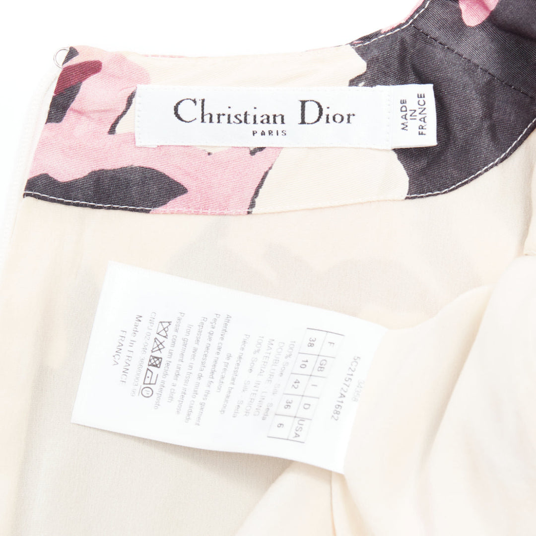 CHRISTIAN DIOR pink cream 100% silk abstract floral print tie waist dress FR38 M