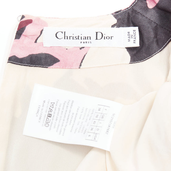 CHRISTIAN DIOR pink cream 100% silk abstract floral print tie waist dress FR38 M