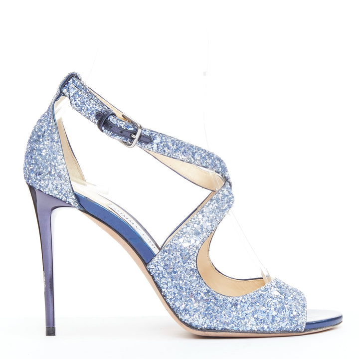 JIMMY CHOO Emily blue glitter crisscross strap open toe sandals EU36