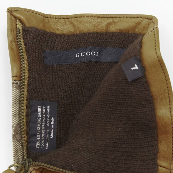 GUCCI GG monogram canvas brown leather trim cashmere lined glove Size 7