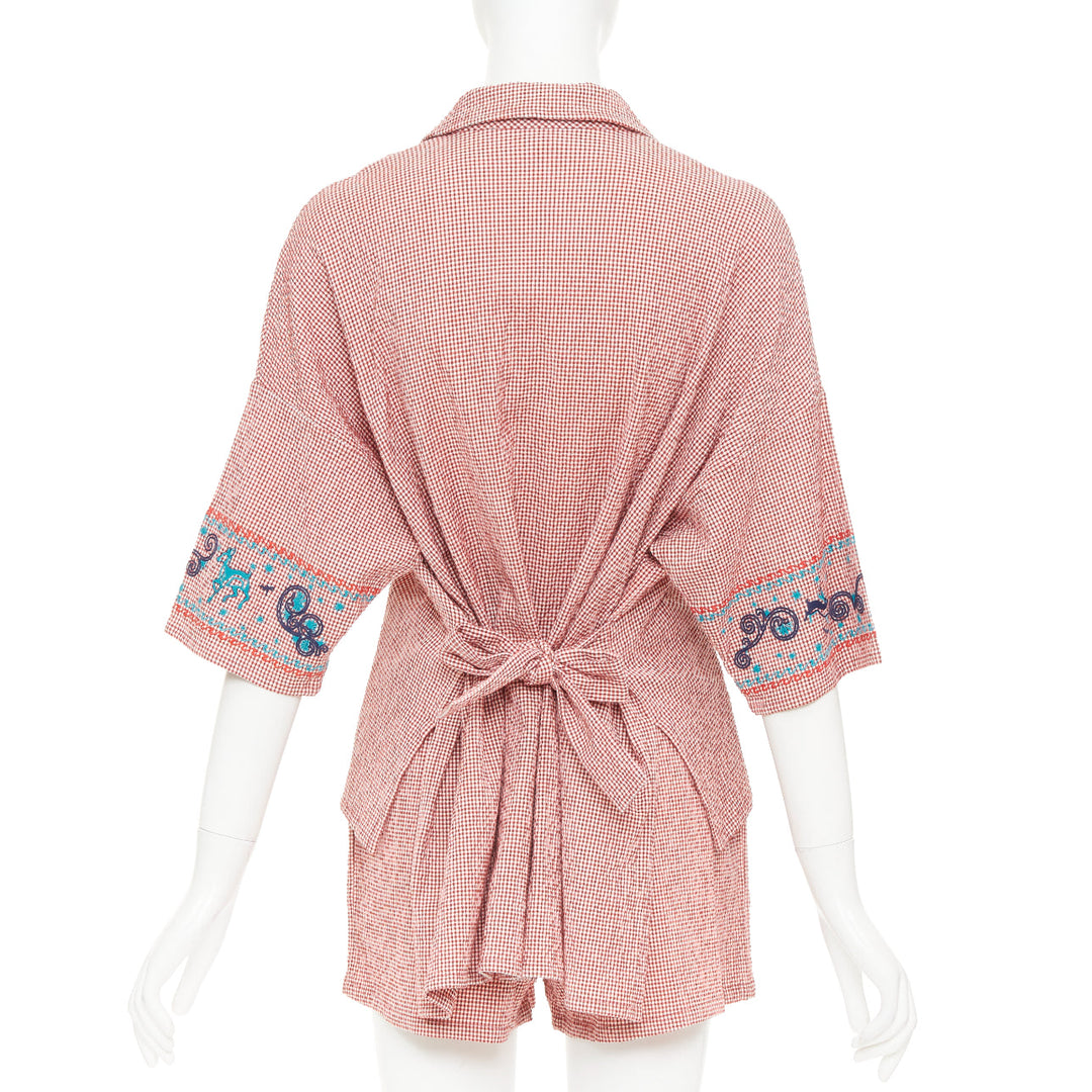 HERMES Sur La Pouce red gingham embroidered pajama shirt shorts set FR34 XS