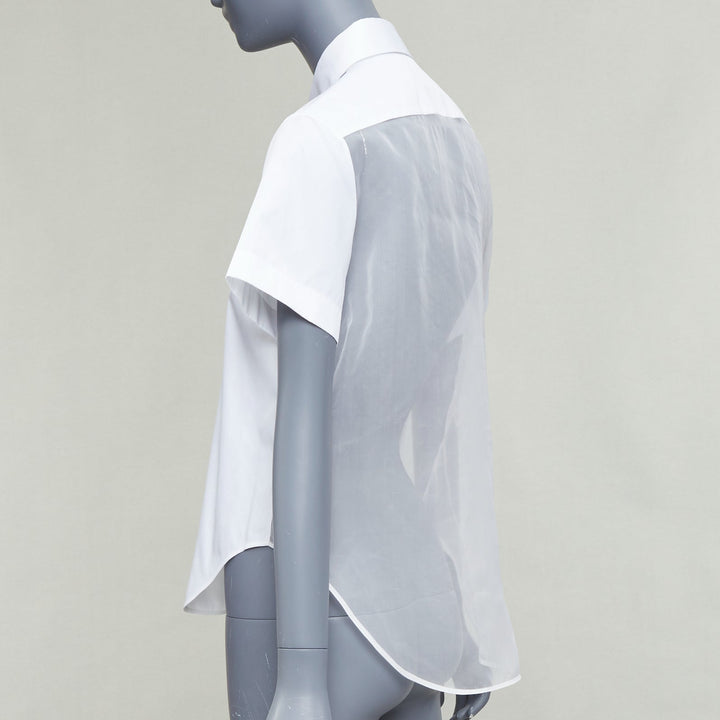 CHRISTIAN DIOR 100% silk white cotton trim sheer panel logo shirt FR34 XS