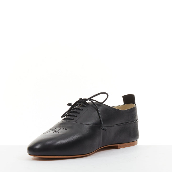 CELINE Lise Triomphe Richelieu black smooth perforated flat sole loafers EU39