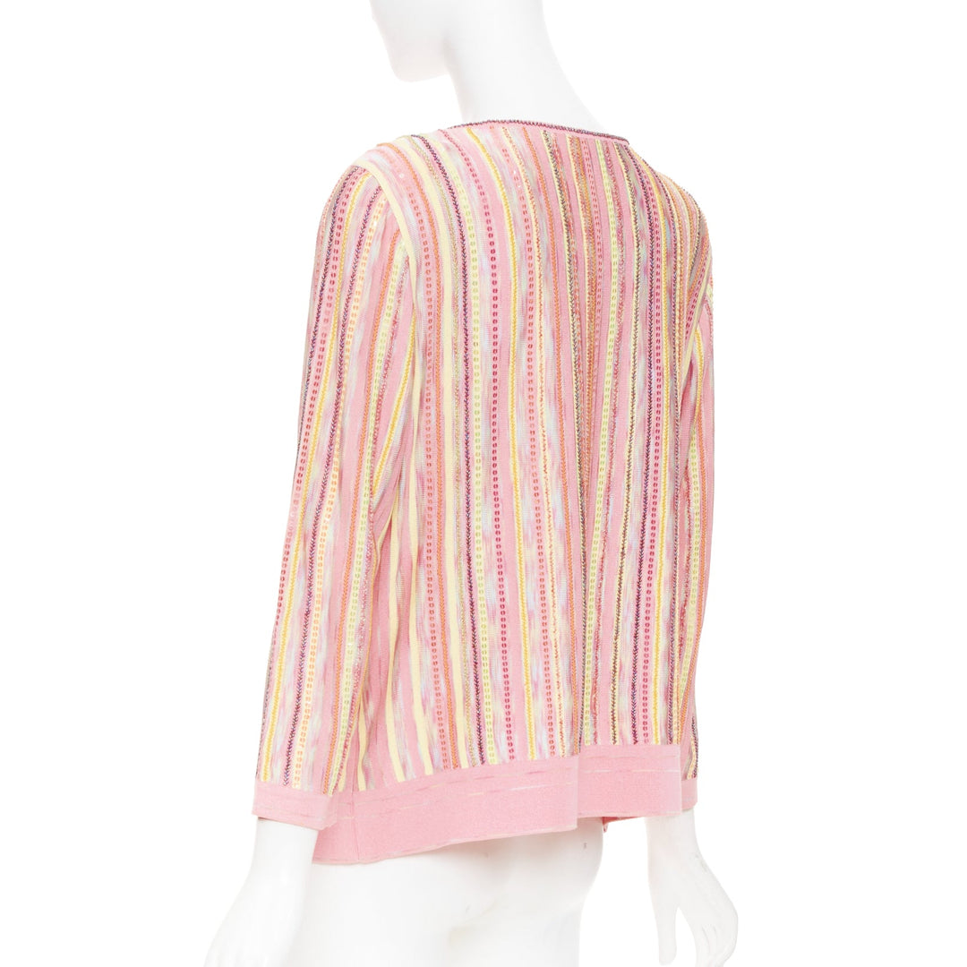 ESCADA vintage pink multi stripe sequin beaded v neck knit cardigan top FR42 XL
