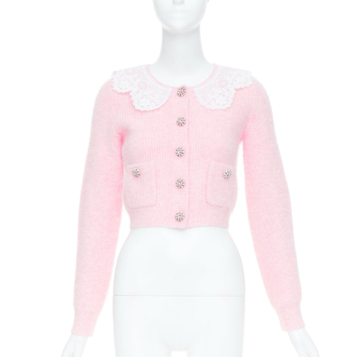 SELF PORTRAIT AW24 lace collar crystal button cropped mohair cardigan S