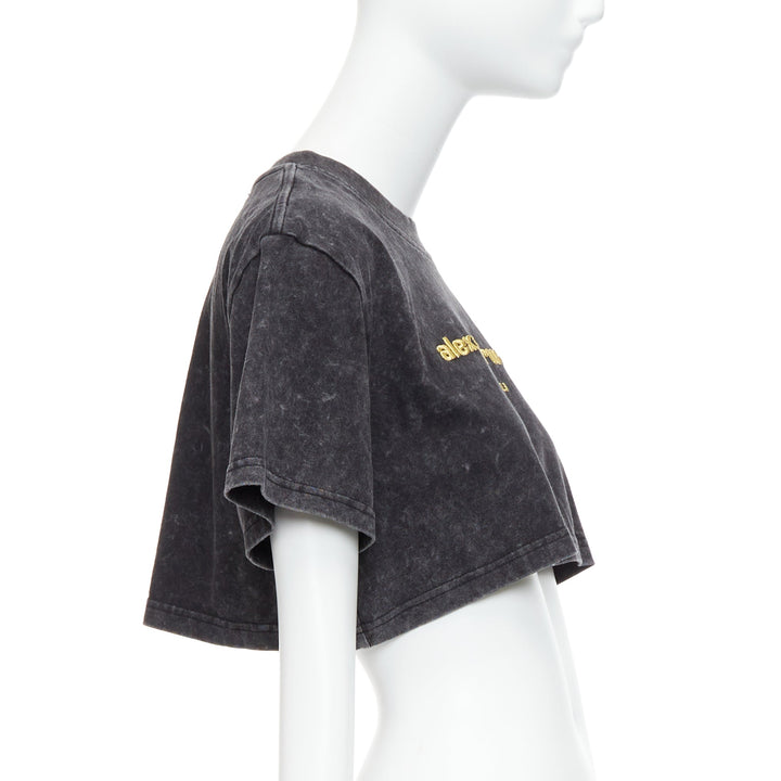 ALEXANDER WANG gold embroidered logo grey acid washed crop tshirt XS