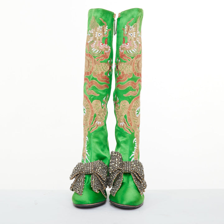 rare GUCCI 2017 Runway Caspar green satin dragon embroidered boot heels EU39