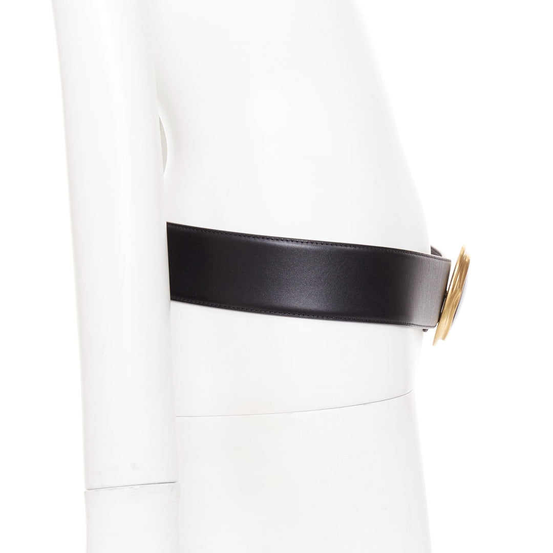 SAINT LAURENT 2021 Cabochon Wide Belt gold oval buckle  black leather belt 65cm