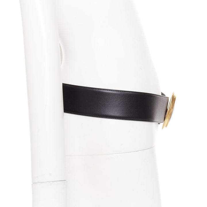 SAINT LAURENT 2021 Cabochon Wide Belt gold oval buckle  black leather belt 65cm