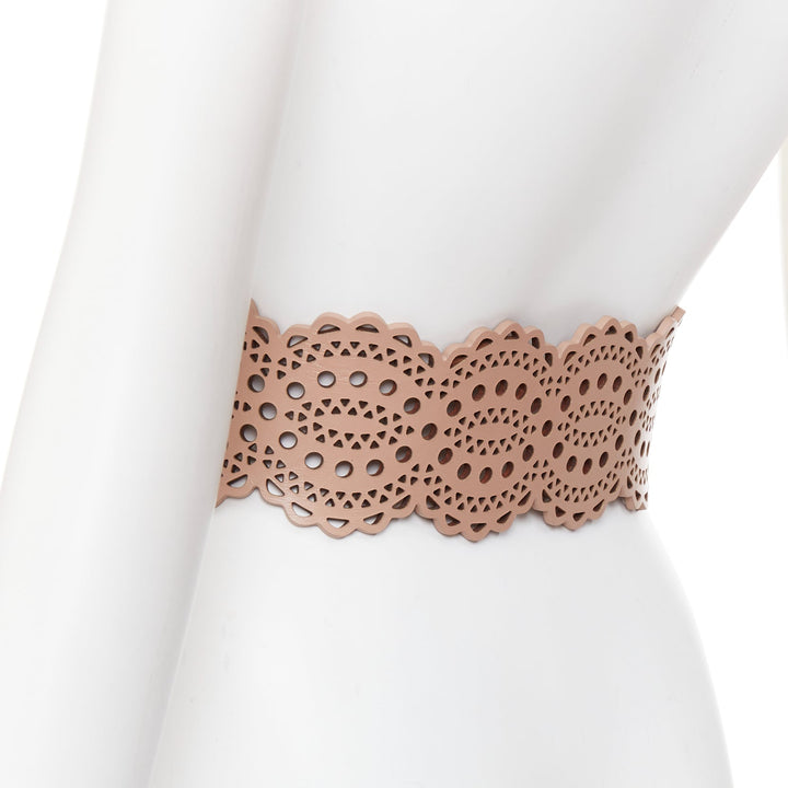 ALAIA nude leather  laser cut out scallop edge wide belt 65cm