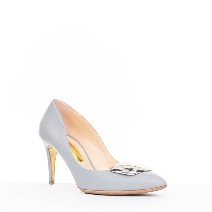 RUPERT SANDERSON Nada grey leather silver pebble plaque stiletto pumps EU39.5