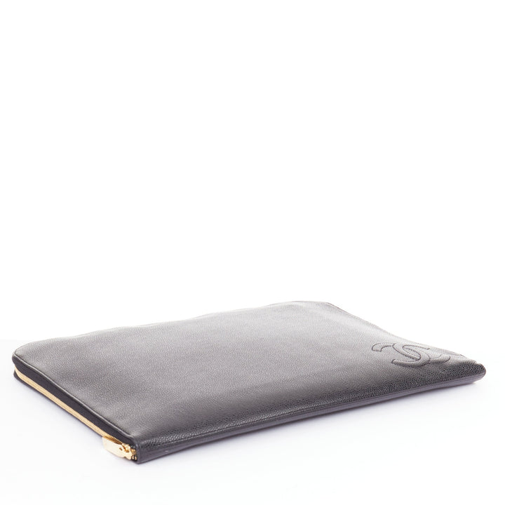 CHANEL 2014 Timeless CC Portfolio Pouch black leather embossed tech clutch bag