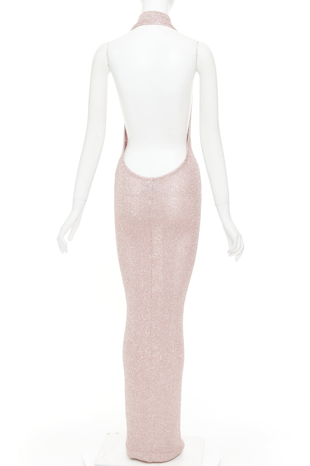 ALEXANDRE VAUTHIER metallic pink sequinned knitted halter backless gown dress