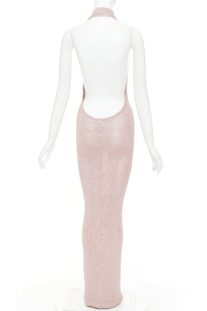 ALEXANDRE VAUTHIER metallic pink sequinned knitted halter backless gown dress