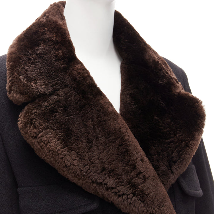 CHANEL Vintage 97A 100% cashmere brown fur collar A-line coat FR38 M