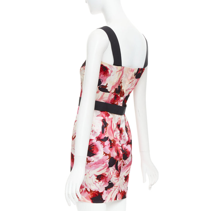 DOLCE GABBANA Vintage pink rose peonies floral black strap mini dress IT40 S
