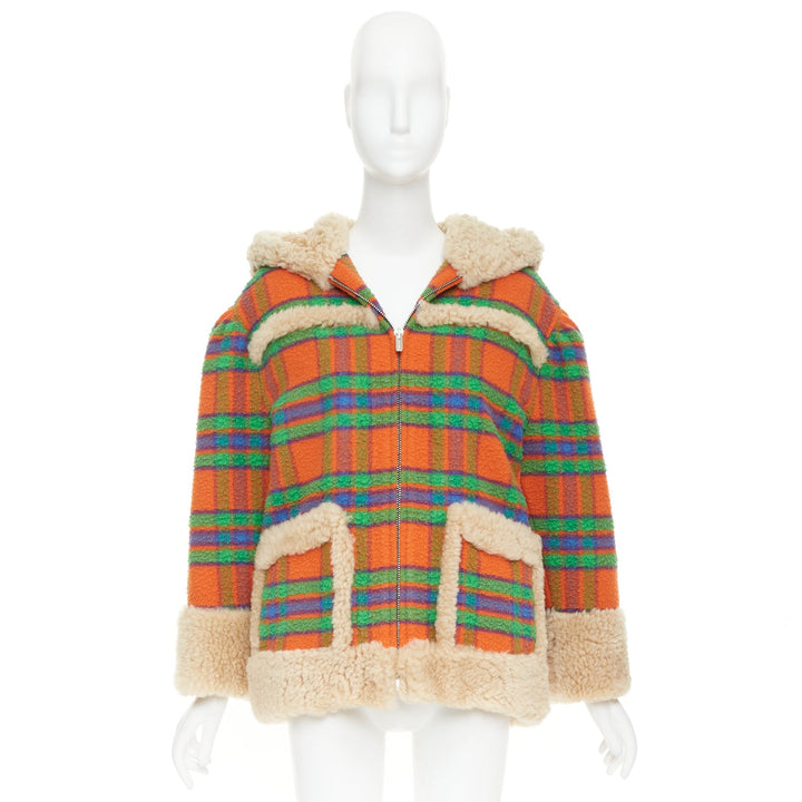 MIU MIU 2020 Plaid Casentino Shearling orange green fur trim boxy jacket IT38 XS