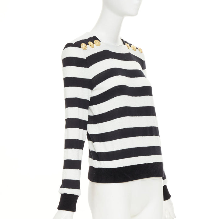 BALMAIN black off white stripes gold lion buttons square neck pullover FR36 S