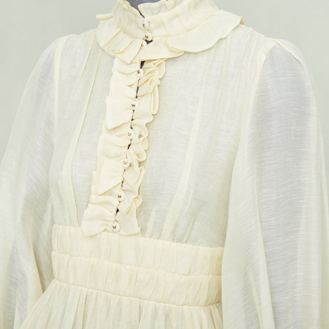 ZIMMERMANN 2021 Luminous ruffle trim cream linen silk midi dress Sz1 S