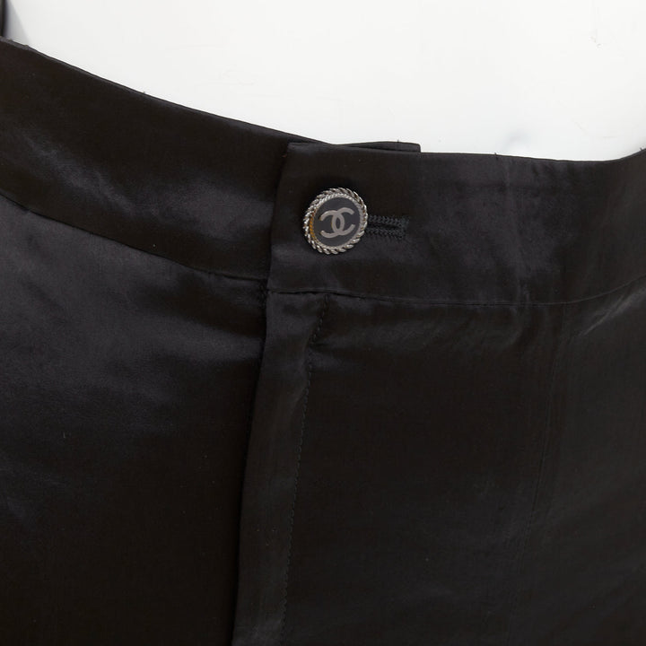 CHANEL 2021 Runway black silk wide leg cc resin button sailor trousers FR34 XS