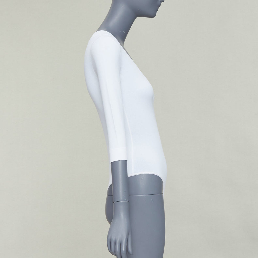 ALAIA white viscose blend V-neck 3/4 sleeves bodysuit top FR36 S