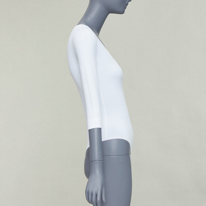 ALAIA white viscose blend V-neck 3/4 sleeves bodysuit top FR36 S