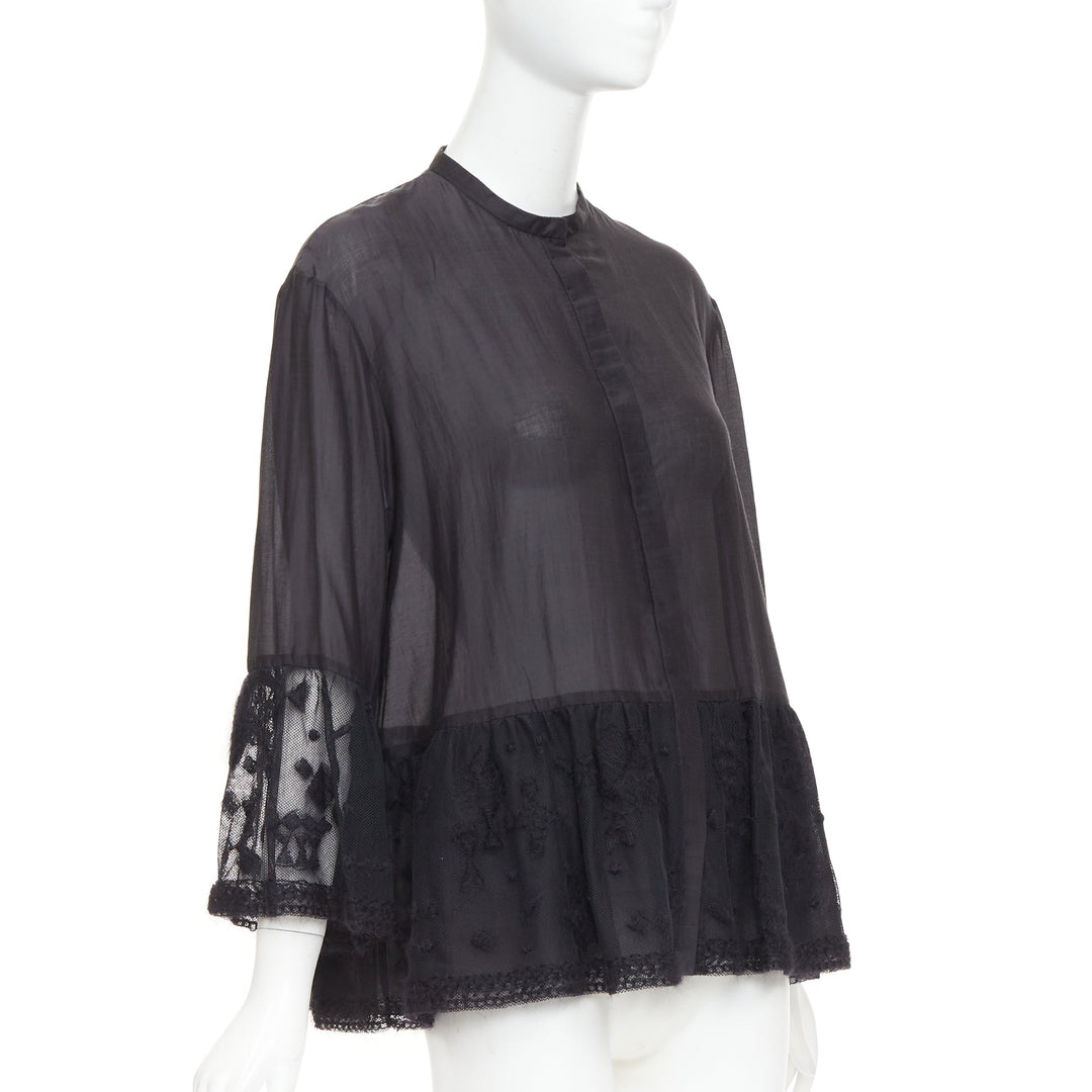 THE ROW black cotton silk fringed embroidered lace peplum sheer shirt US2 S