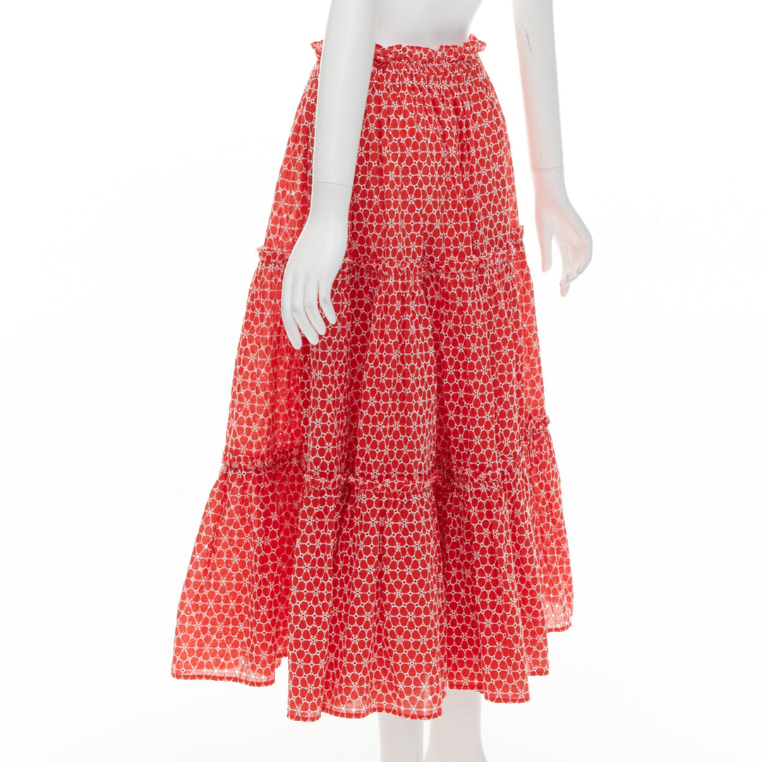 LISA MARIE FERNANDEZ red cotton white embroidery eyelet ruffle midi skirt US2 S